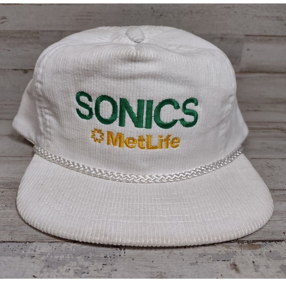 Vintage Seattle Super Sonics MetLife Corduroy White Snapback Rope Trucker Hat